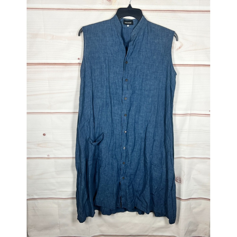 Eskandar Shirt Dress Womens 1 M Blue Linen Button Up A-Line Sleeveless Pockets